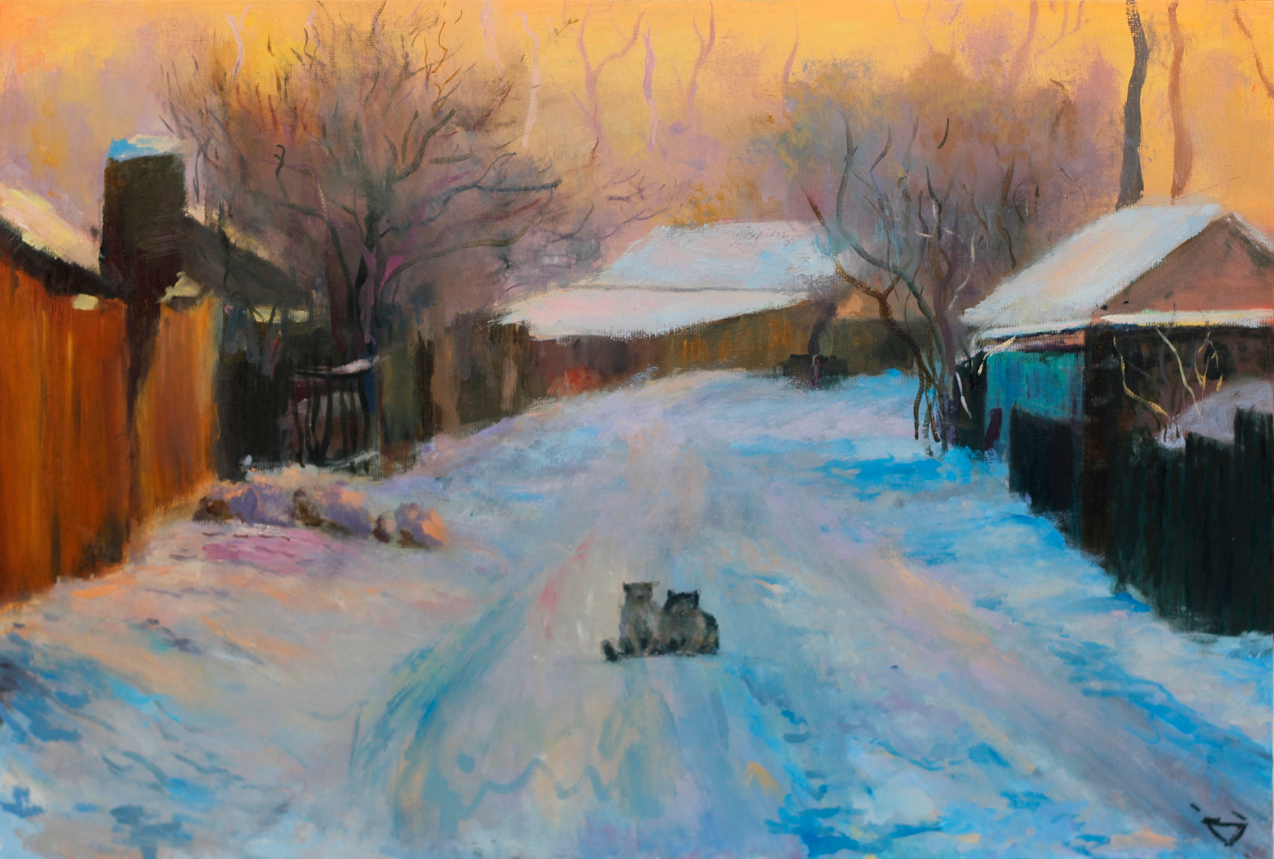 На картине изображена зимняя улица с деревянными домами в лучах заката. Посреди заснеженной дороги сидят два кота. Из труб идёт дымок. Пейзаж выполнен в тёплой жёлто-оранжевой гамме, передающей уют и