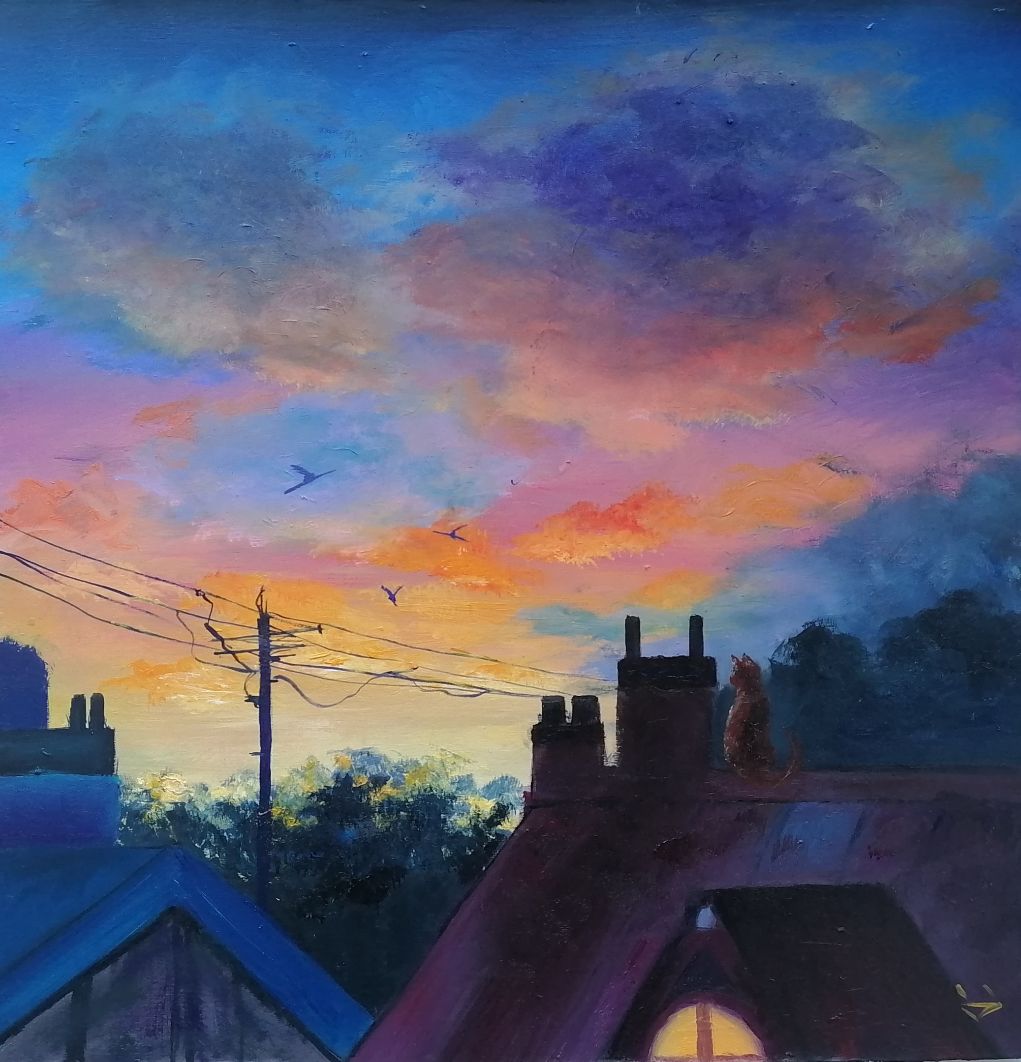 На картине изображен рассвет в пригороде. На фоне розового неба с облаками летают птицы. На черепичной крыше дома сидит кот, наблюдающий за небом.