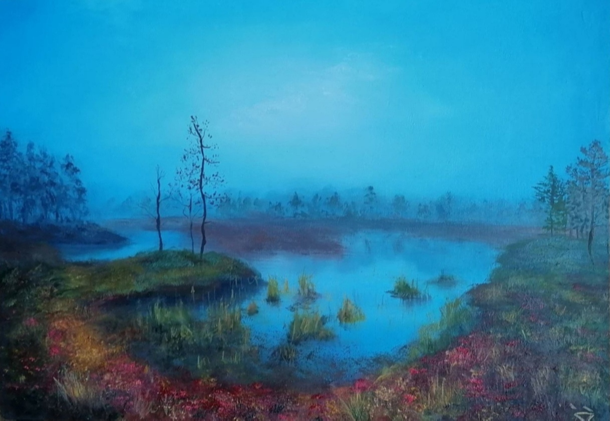 На картине изображено туманное болото. Голубая вода и небо, на переднем плане — берег, усыпанный красными ягодами и цветами. Атмосфера загадочная и сказочная.