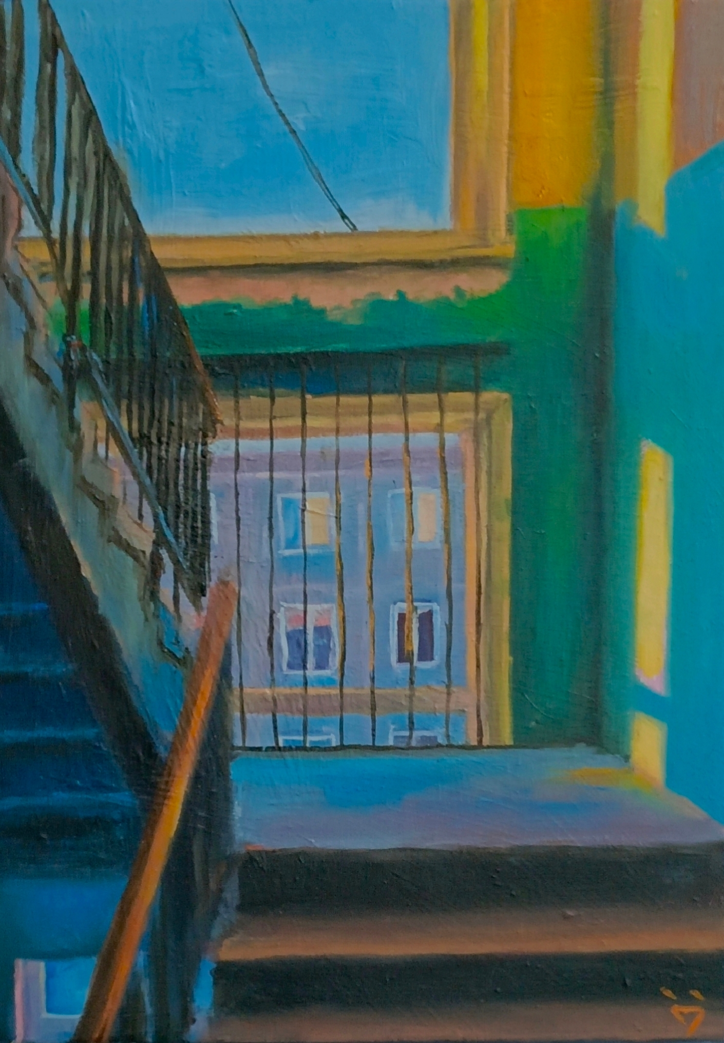 Картина маслом: солнечный интерьер подъезда типового дома. Зелёные стены, лестница, большое окно с ярким голубым небом и видом на соседнюю многоэтажку. Тёплый свет заливает пространство, создавая ощущ